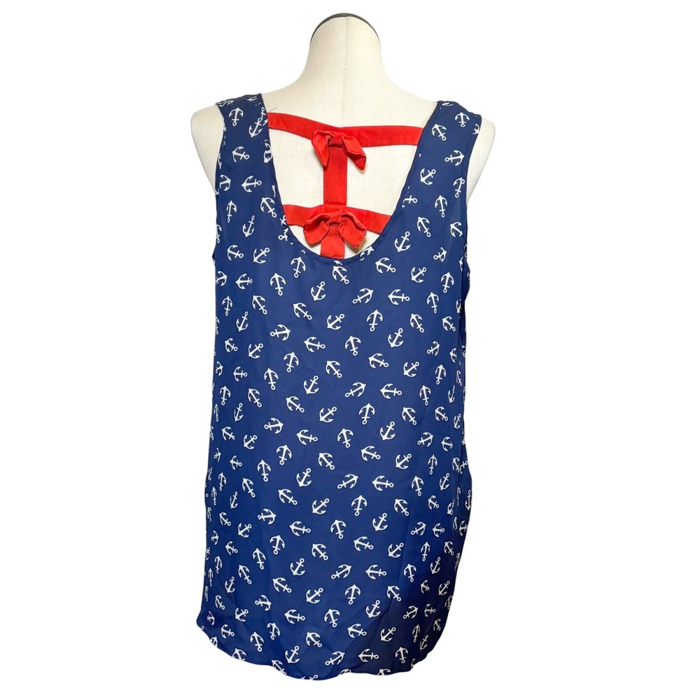 Liberty Love Womens 1XL Navy Blue Anchor Print Bow Back High Low Tank Top Tank